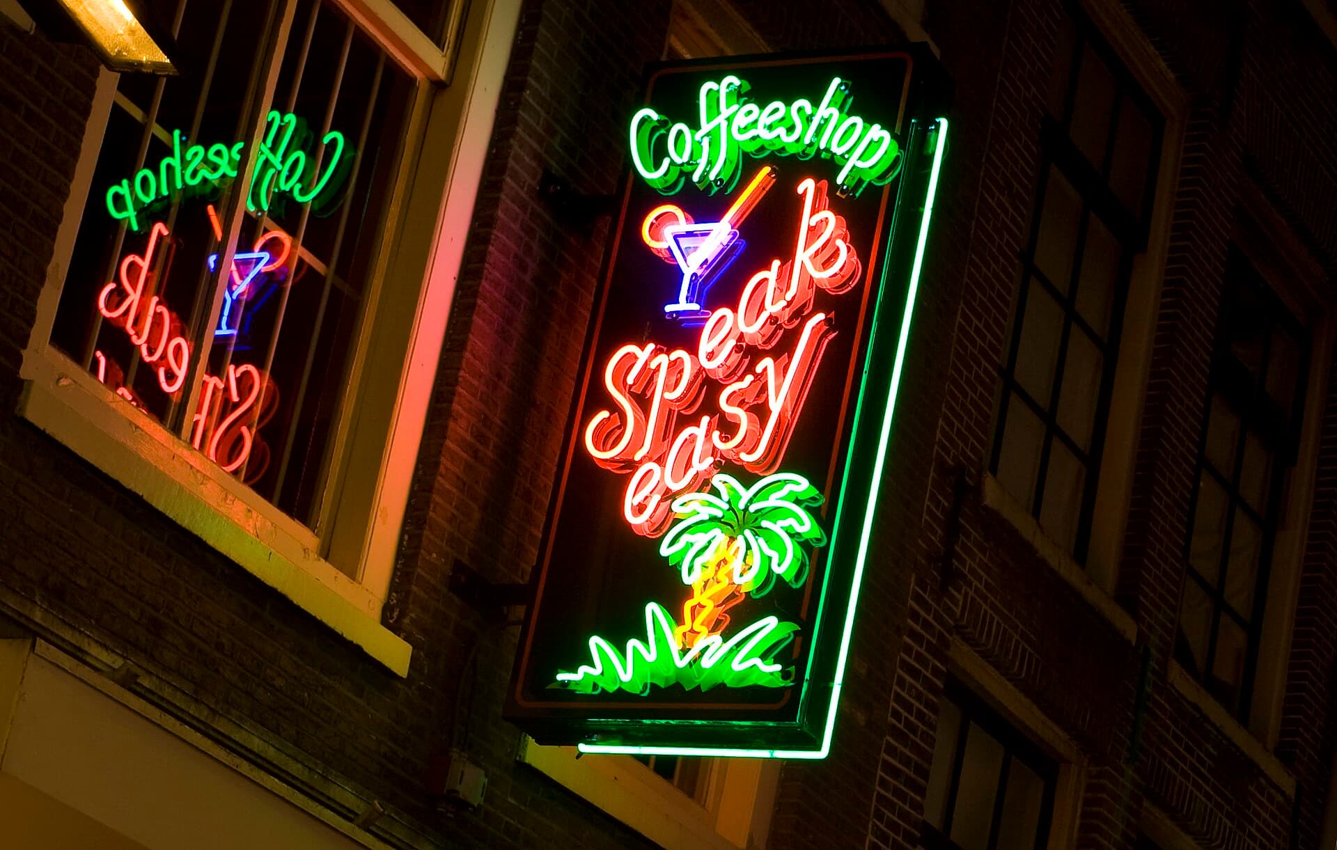 A neon sign reading Coffeeshop above a brick facade in Amsterdam at night, lit in green and red with a palm tree and a cocktail glass, reflected in the window beside it